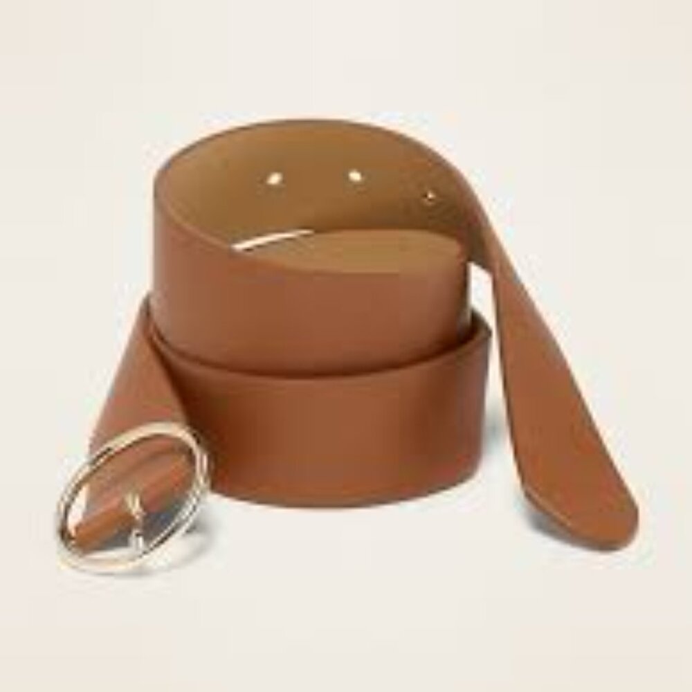 Women's Tan Leather Belt with Gold Double-Ring Buckle